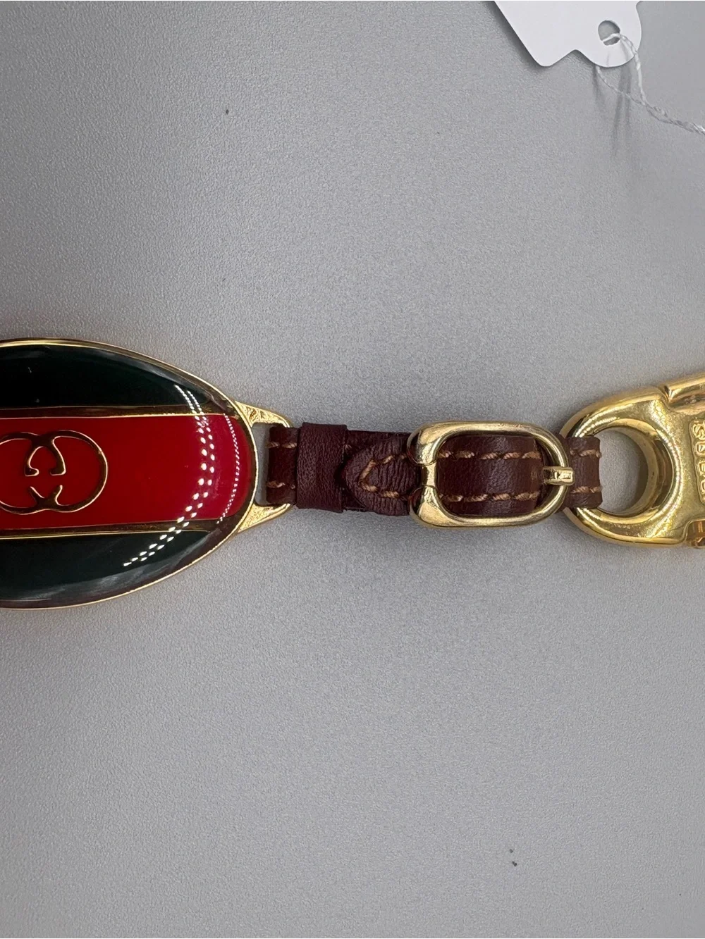 Vintage Gucci GG Enamel Key Ring Red Green Leather Gold Tone with COA